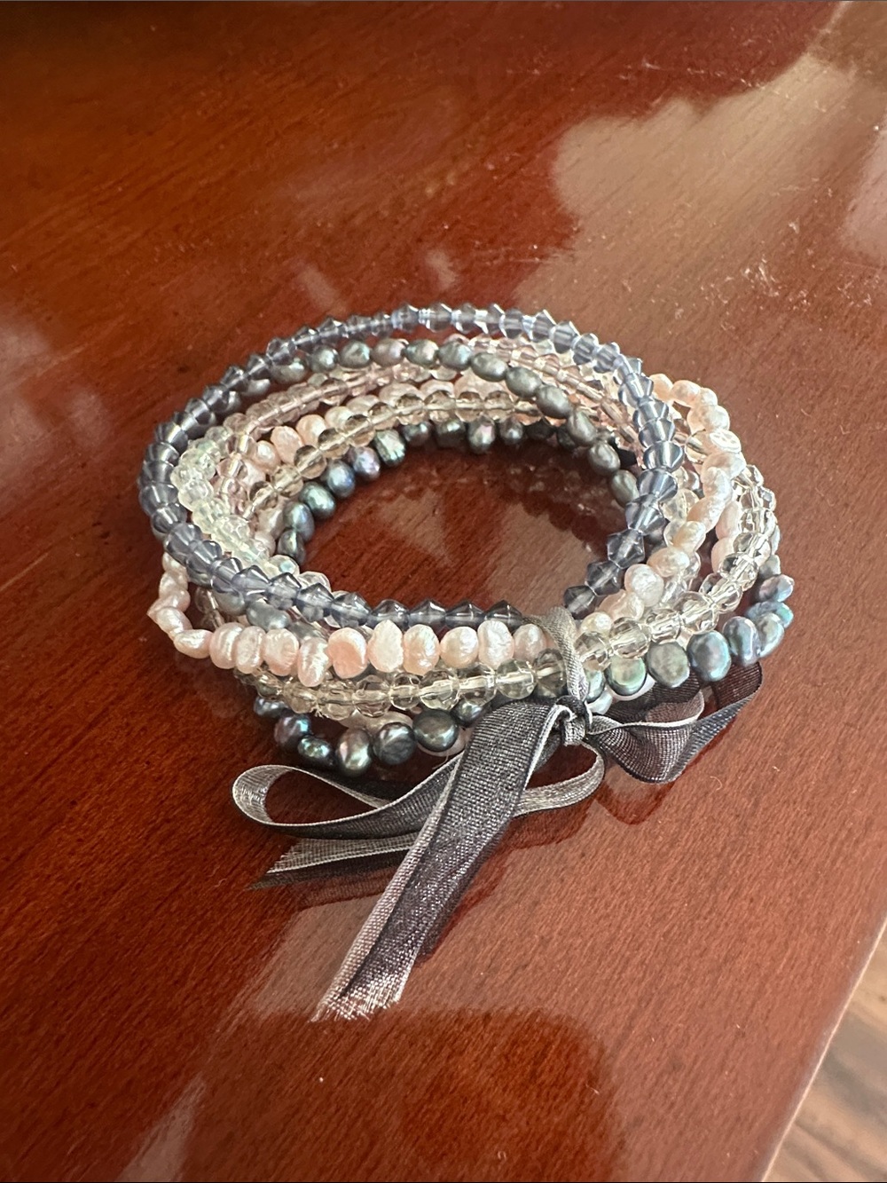 Stackable Pearl and Crystal Beaded Wrap Bracelet - Pink & Silver